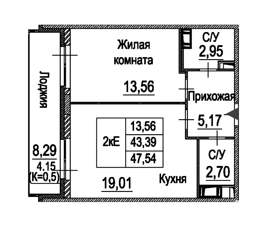 1-комнатная квартира 47.54 м², 3/12 эт., ЖК «Энфилд»