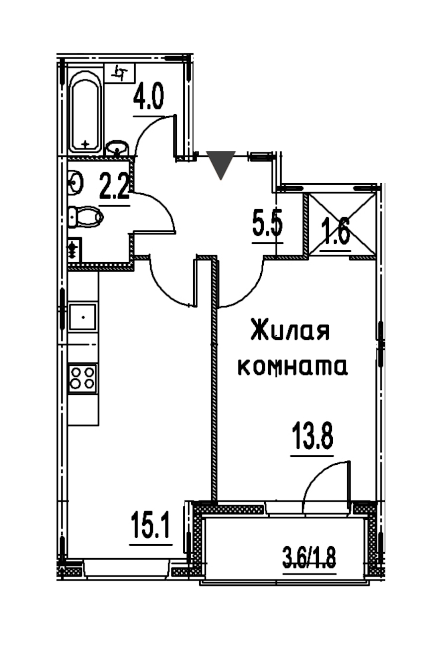 1-комнатная квартира 44 м², 2/12 эт., ЖК «Энфилд»