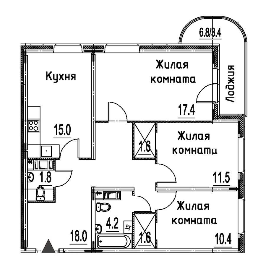 3-комнатная квартира 84.9 м², 3/12 эт., ЖК «Энфилд»