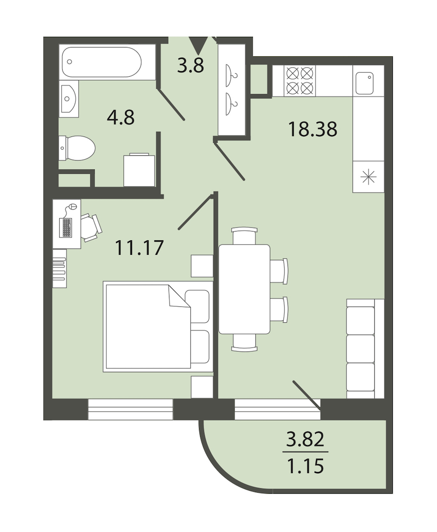 1-комнатная квартира 39.3 м², 1/12 эт., ЖК «Энфилд»