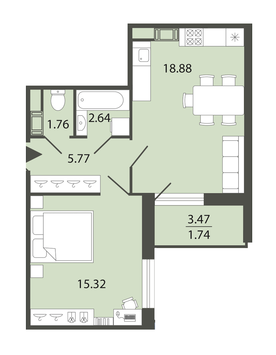 1-комнатная квартира 46.11 м², 4/12 эт., ЖК «Энфилд»