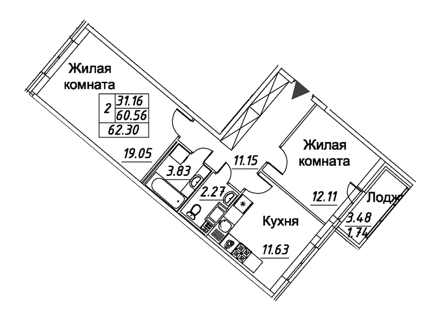 2-комнатная квартира 62.3 м², 12/12 эт., ЖК «Modum»