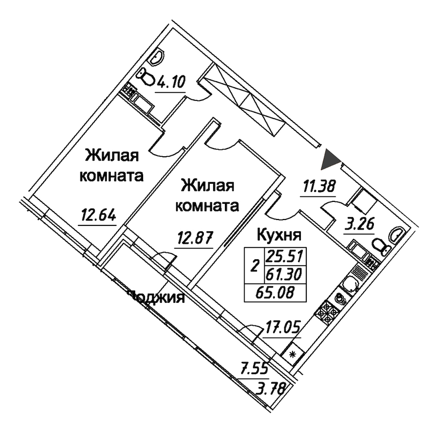 2-комнатная квартира 65.08 м², 12/12 эт., ЖК «Modum»