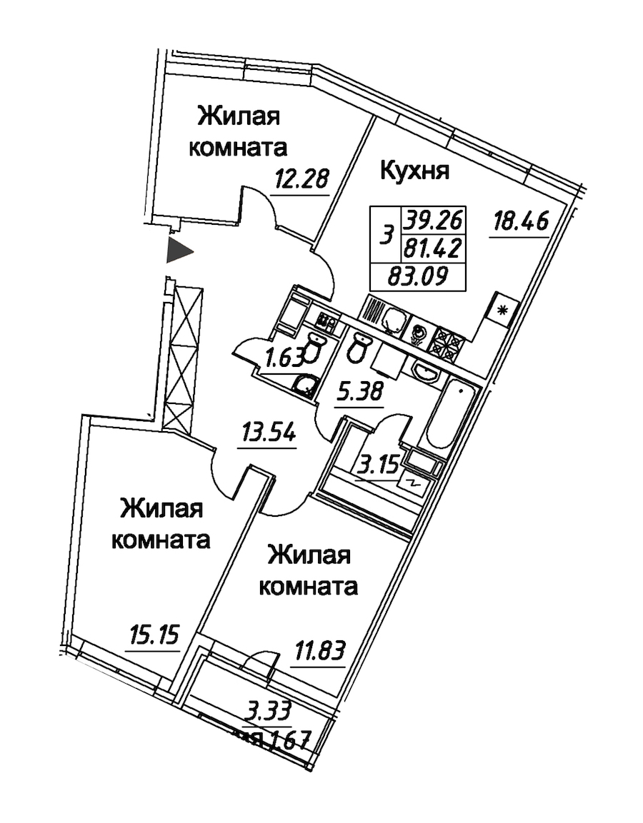 3-комнатная квартира 83.09 м², 4/12 эт., ЖК «Modum»