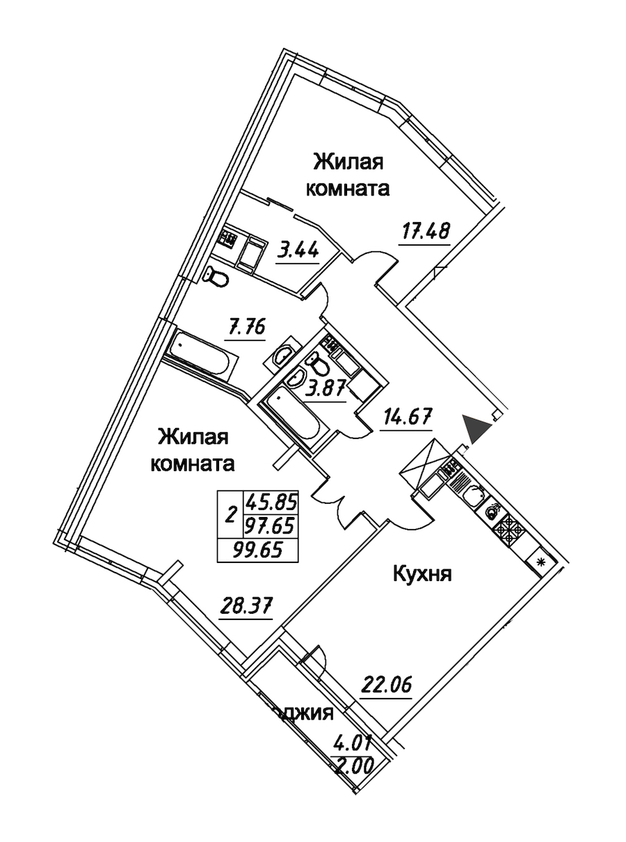2-комнатная квартира 99.65 м², 3/12 эт., ЖК «Modum»