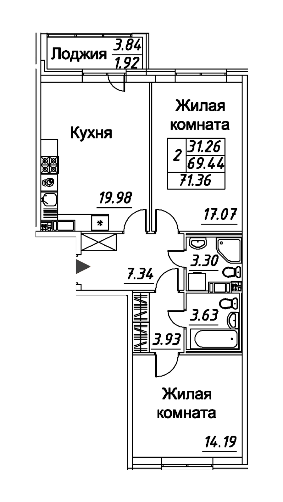 2-комнатная квартира 71.36 м², 12/12 эт., ЖК «Modum»