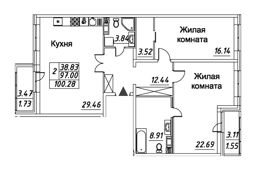 2-комнатная квартира 100.28 м², 3/12 эт., ЖК «Modum»