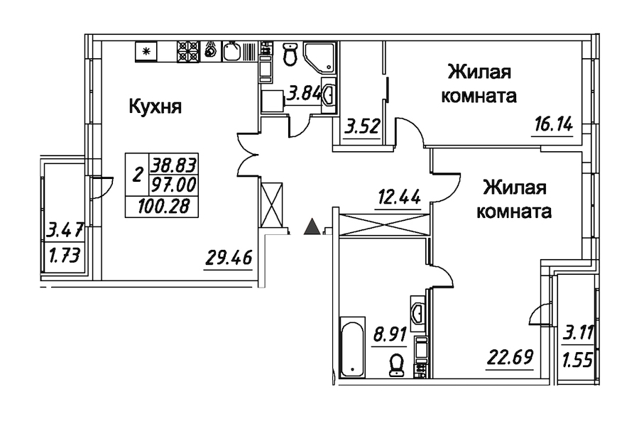 2-комнатная квартира 100.28 м², 4/12 эт., ЖК «Modum»