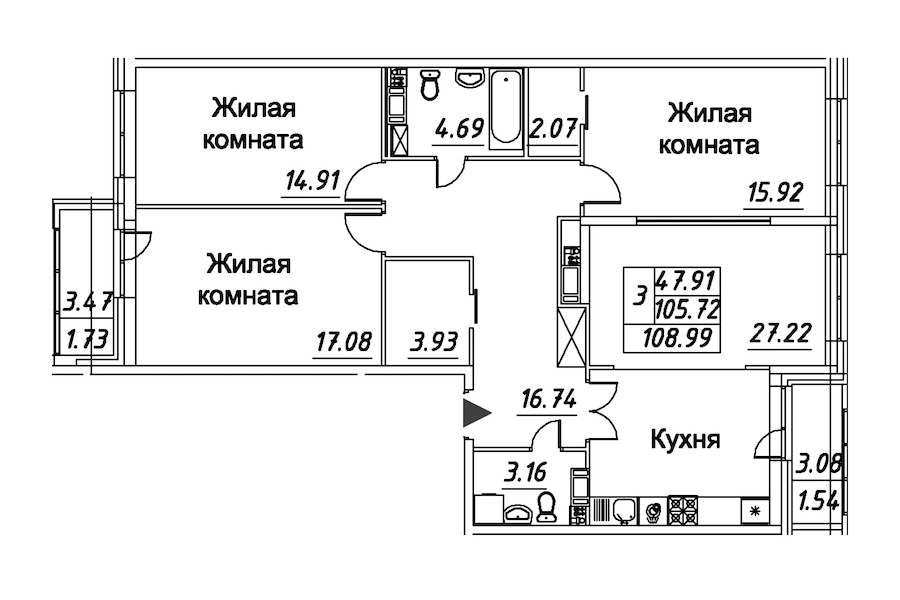 3-комнатная квартира 108.99 м², 12/12 эт., ЖК «Modum»
