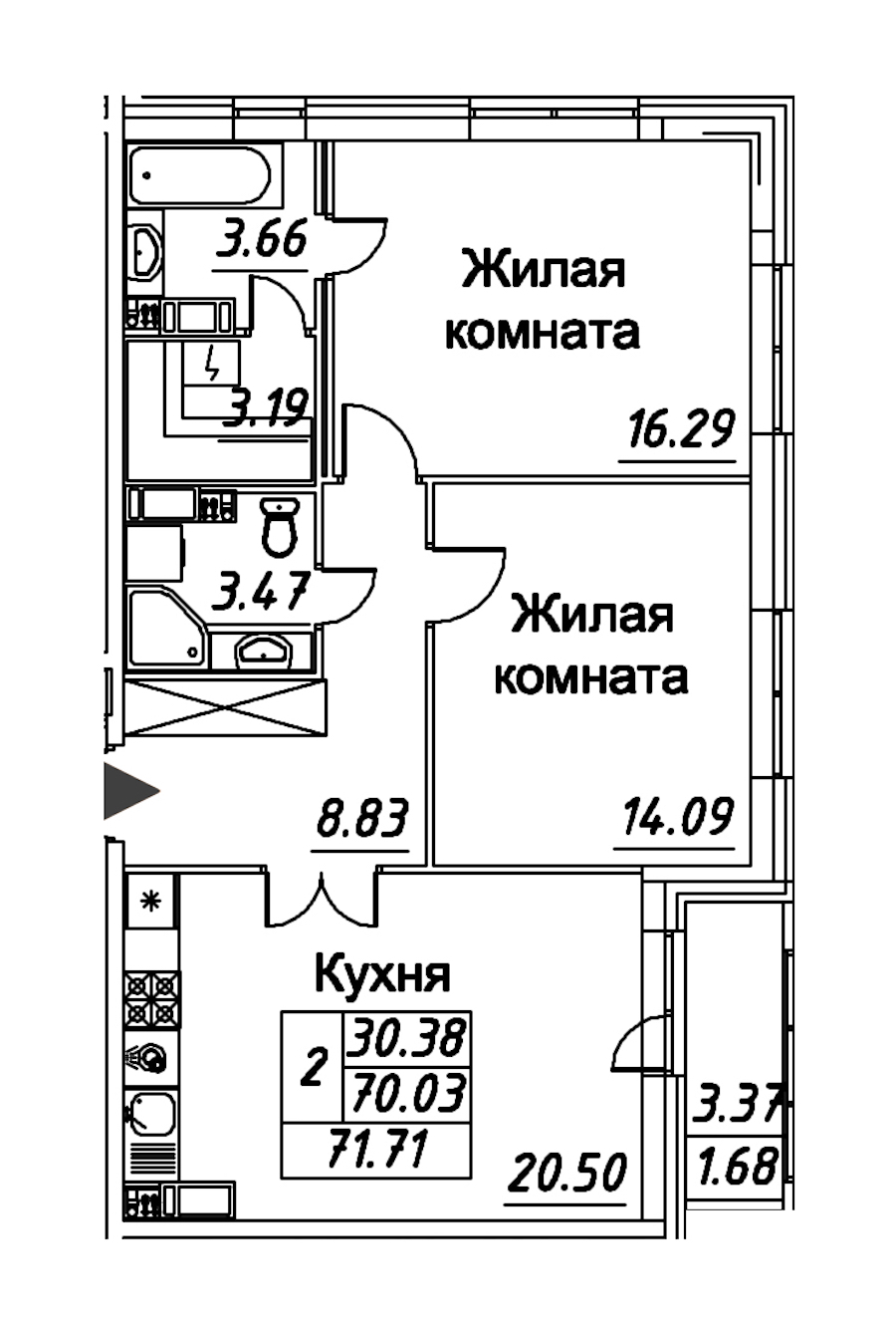 2-комнатная квартира 71.71 м², 12/12 эт., ЖК «Modum»