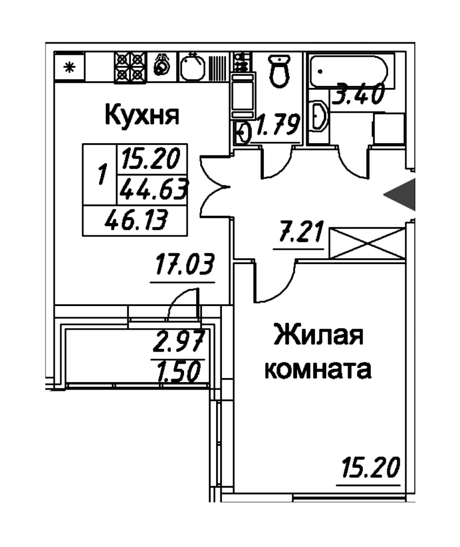 1-комнатная квартира 46.13 м², 12/12 эт., ЖК «Modum»