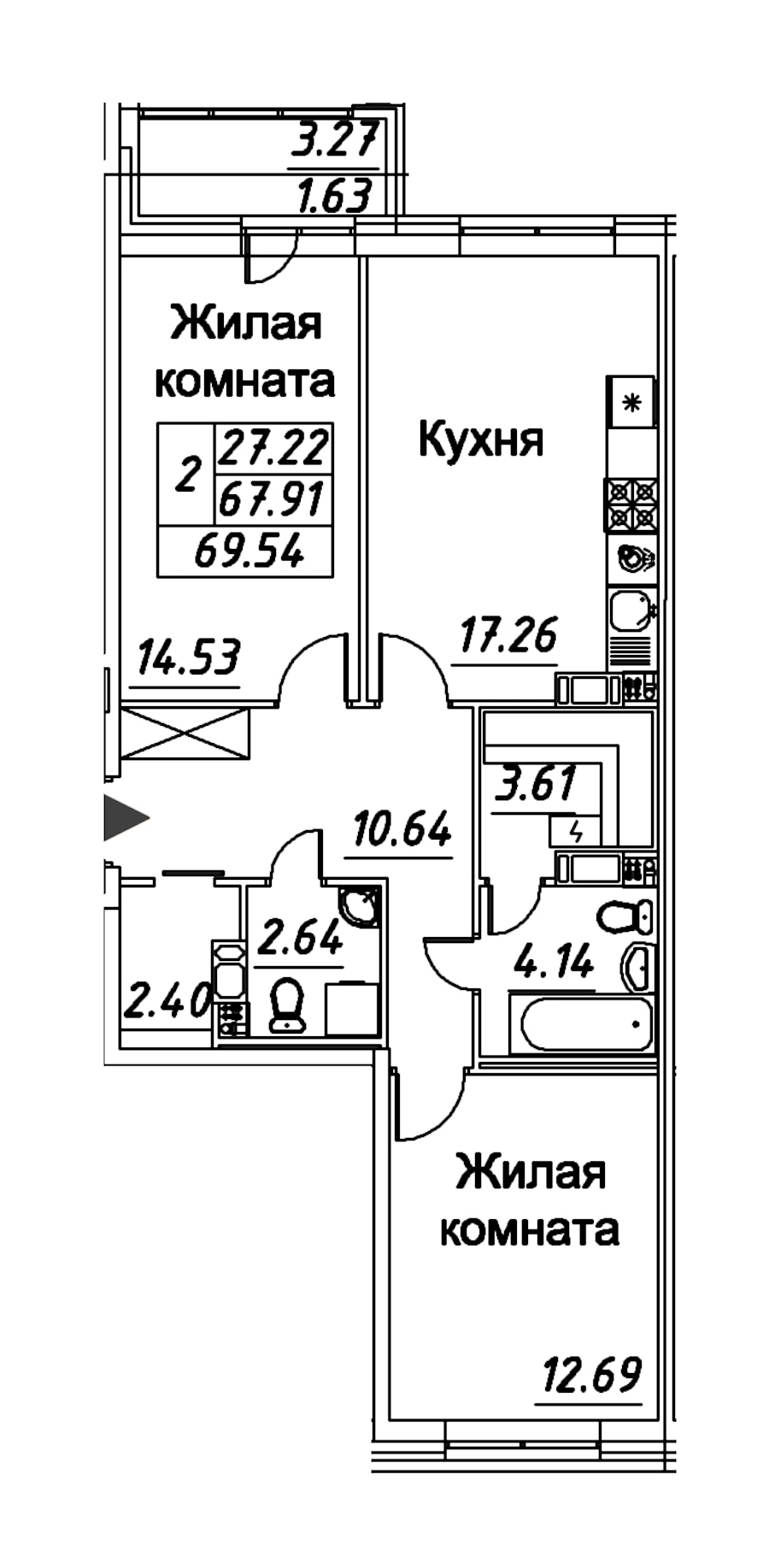 2-комнатная квартира 69.54 м², 4/12 эт., ЖК «Modum»