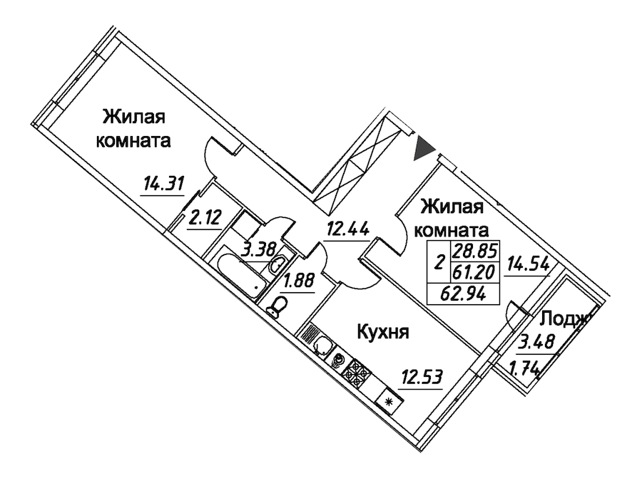 2-комнатная квартира 62.94 м², 4/12 эт., ЖК «Modum»