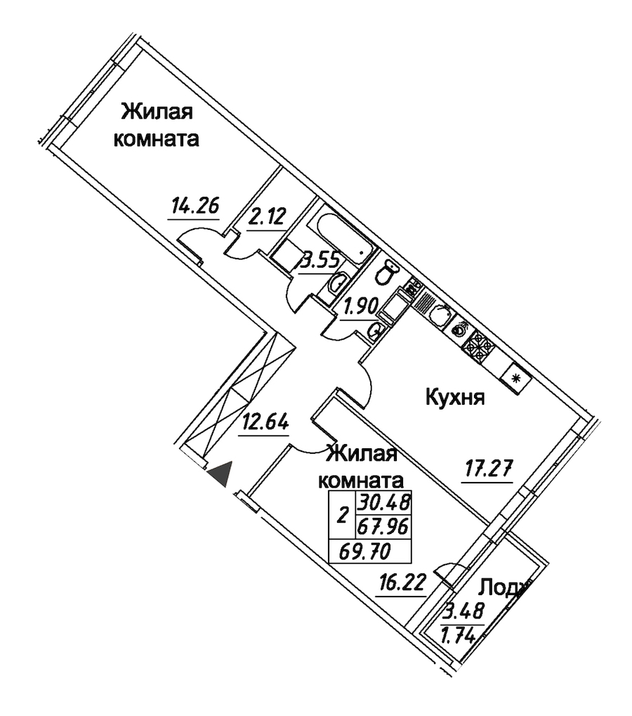 2-комнатная квартира 69.7 м², 12/12 эт., ЖК «Modum»