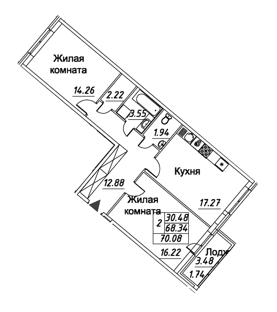 2-комнатная квартира 70.08 м², 4/12 эт., ЖК «Modum»