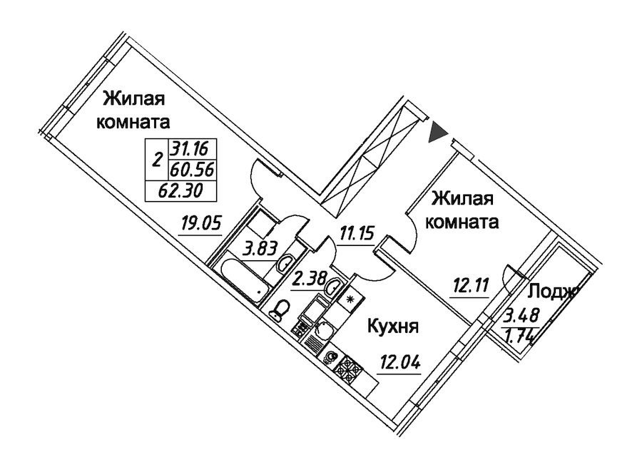2-комнатная квартира 62.3 м², 4/12 эт., ЖК «Modum»