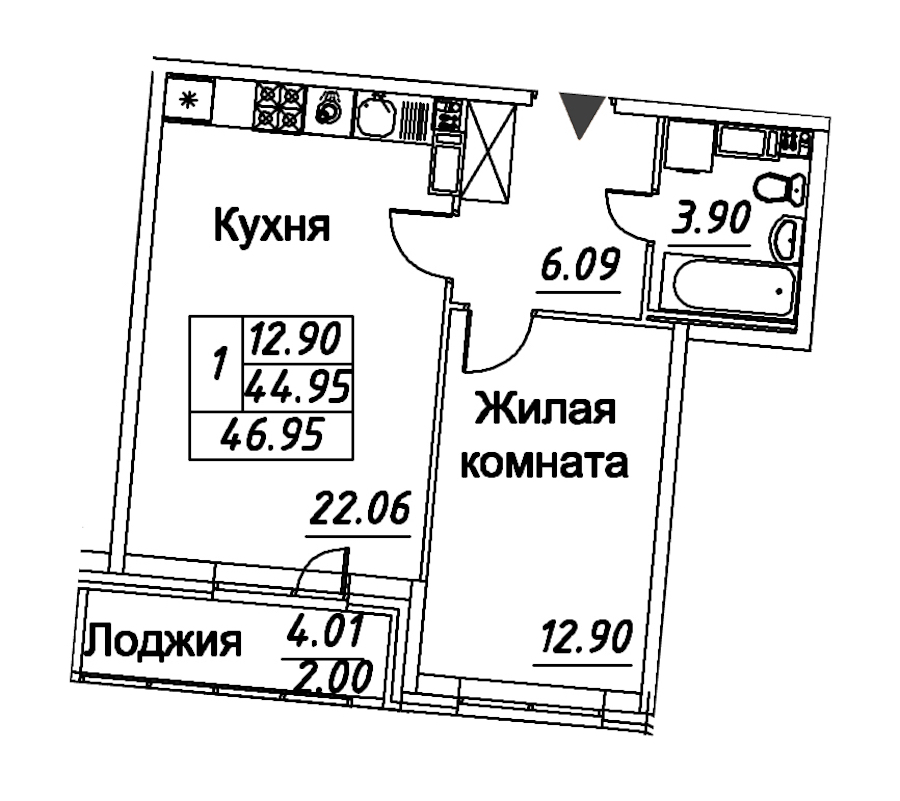 1-комнатная квартира 46.95 м², 9/12 эт., ЖК «Modum»
