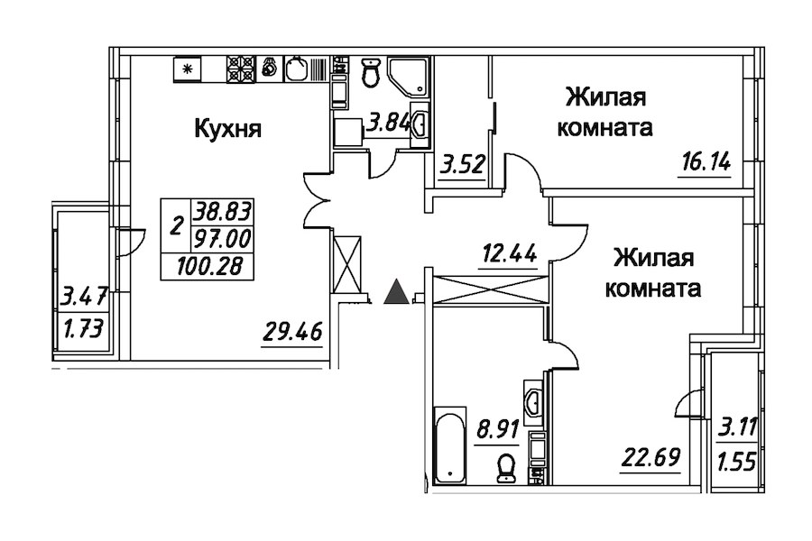 2-комнатная квартира 100.28 м², 8/12 эт., ЖК «Modum»