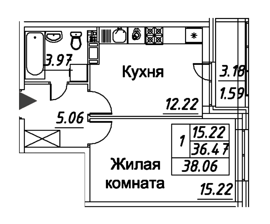 1-комнатная квартира 38.06 м², 8/12 эт., ЖК «Modum»