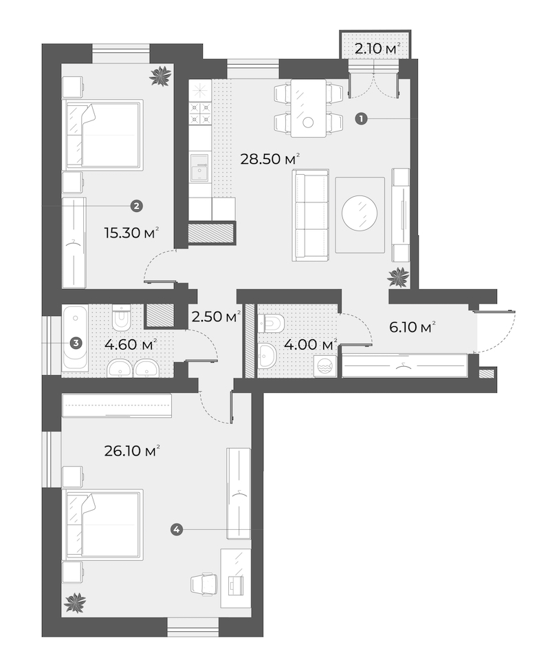 2-комнатная квартира 87.2 м², 5/6 эт., Клубный дом «Aura»