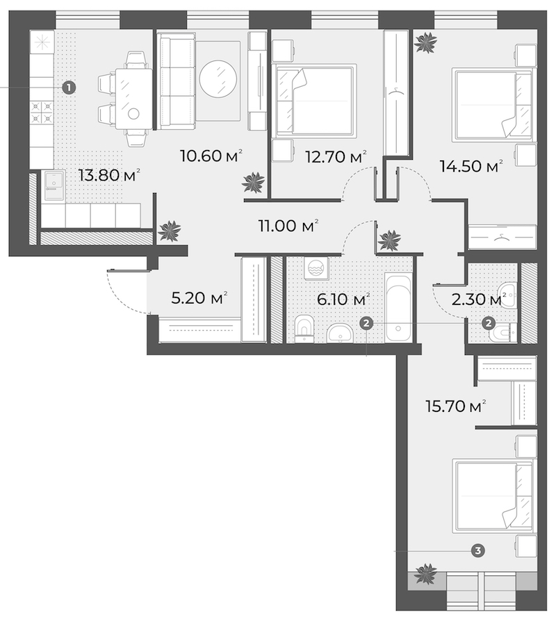 3-комнатная квартира 91.9 м², 6/6 эт., Клубный дом «Aura»