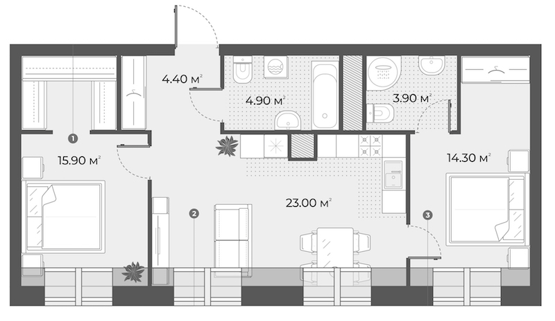 2-комнатная квартира 66.4 м², 6/6 эт., Клубный дом «Aura»