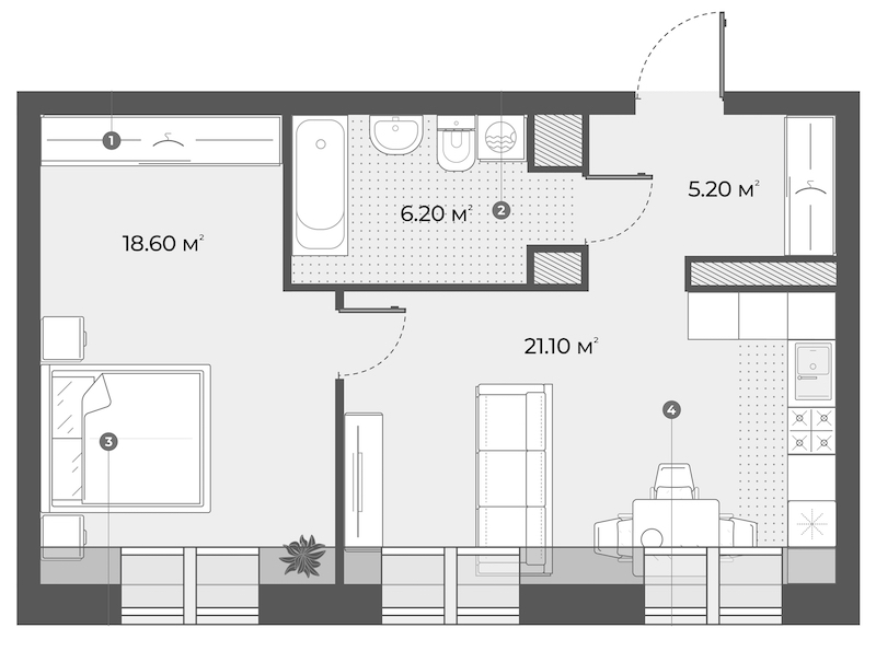 1-комнатная квартира 51.1 м², 6/6 эт., Клубный дом «Aura»