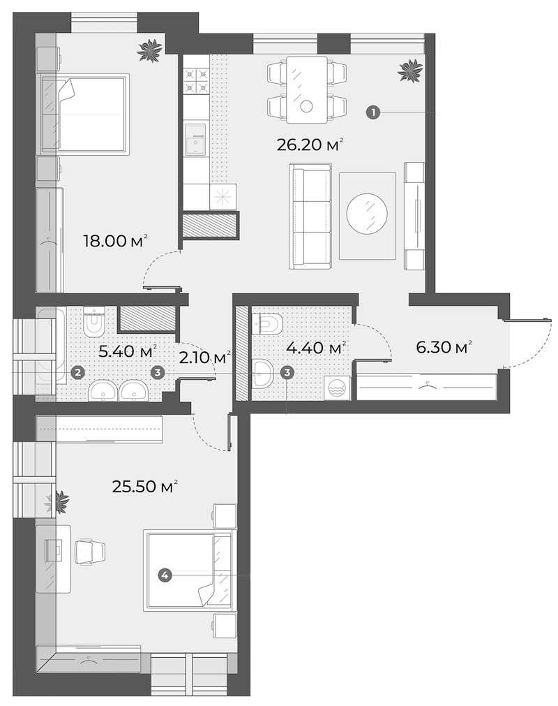 2-комнатная квартира 87.9 м², 6/6 эт., Клубный дом «Aura»