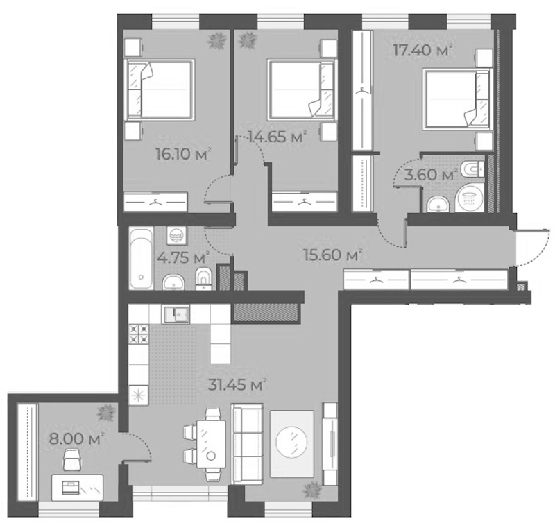 4-комнатная квартира 111.55 м², 1/6 эт., Клубный дом «Aura»