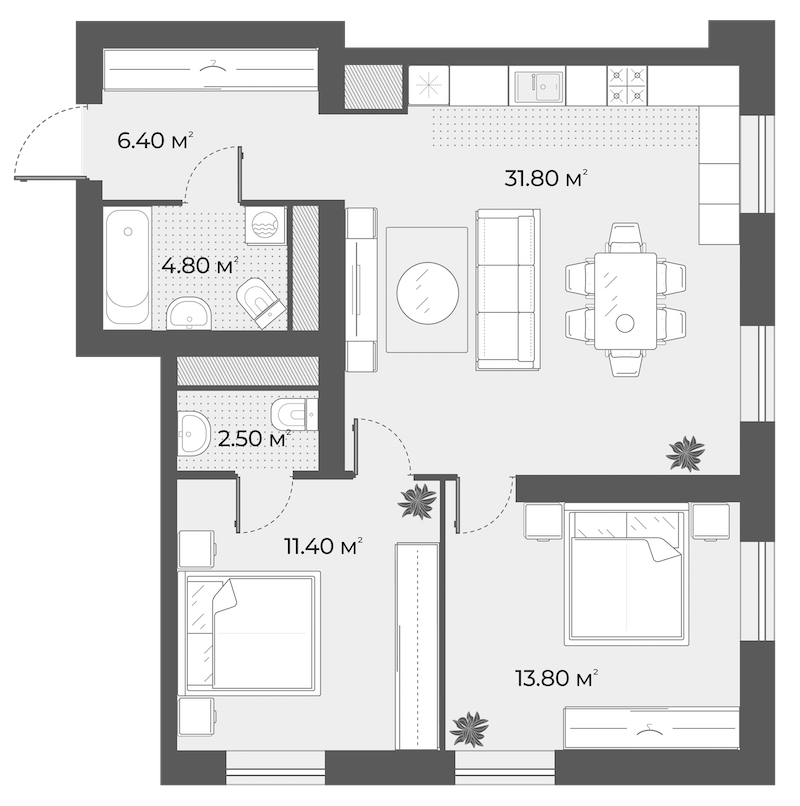 2-комнатная квартира 70.7 м², 5/6 эт., Клубный дом «Aura»