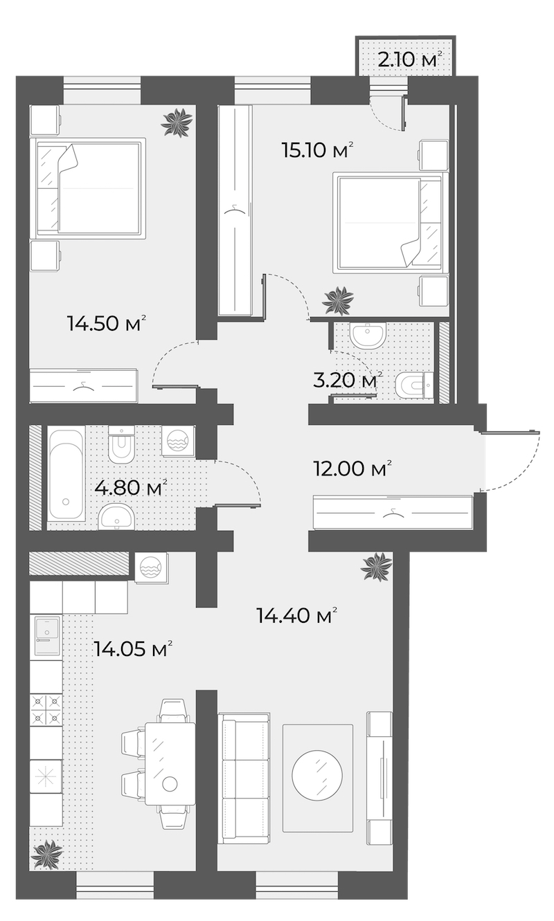 3-комнатная квартира 78.05 м², 5/6 эт., Клубный дом «Aura»