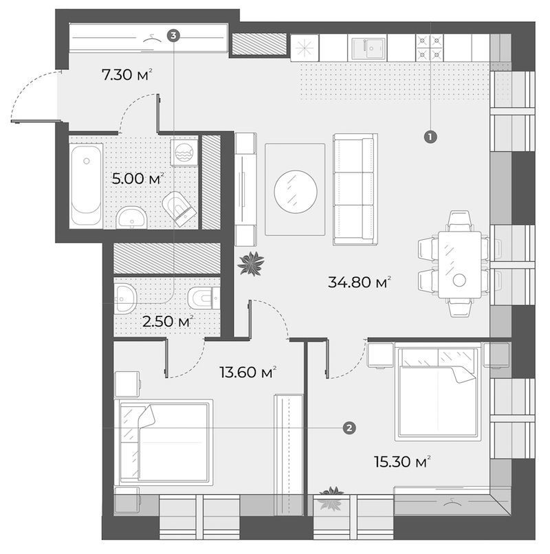 3-комнатная квартира 78.5 м², 6/6 эт., Клубный дом «Aura»
