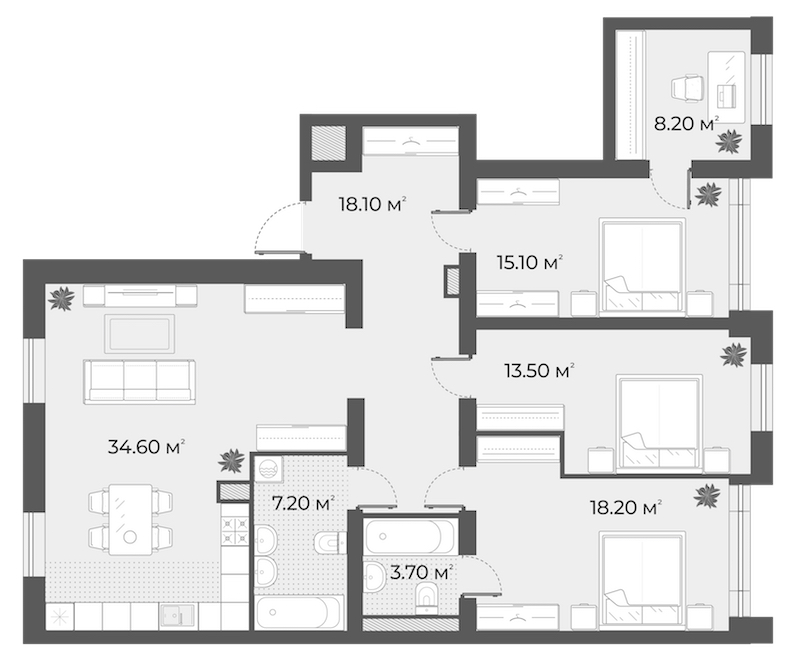 4-комнатная квартира 117.85 м², 1/6 эт., Клубный дом «Aura»