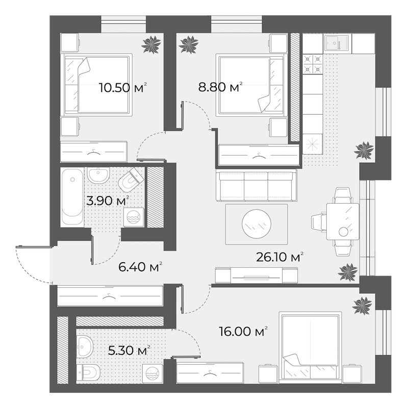 3-комнатная квартира 78.85 м², 1/6 эт., Клубный дом «Aura»