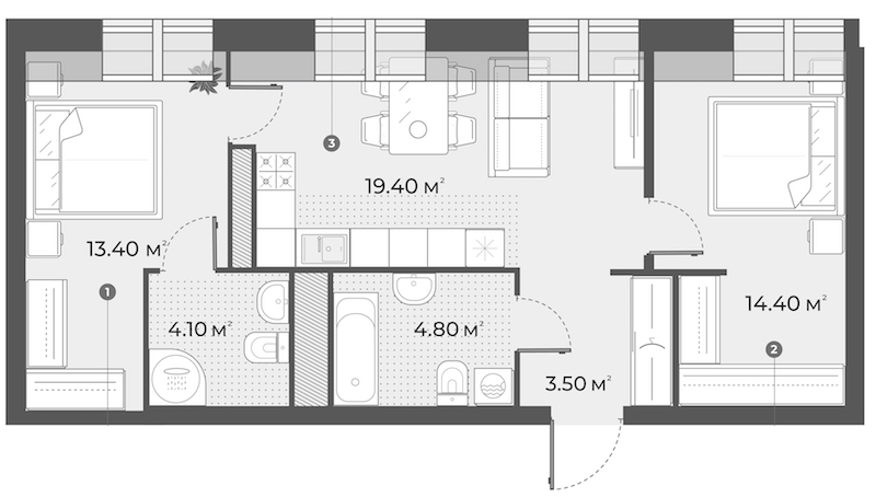 2-комнатная квартира 59.6 м², 6/6 эт., Клубный дом «Aura»
