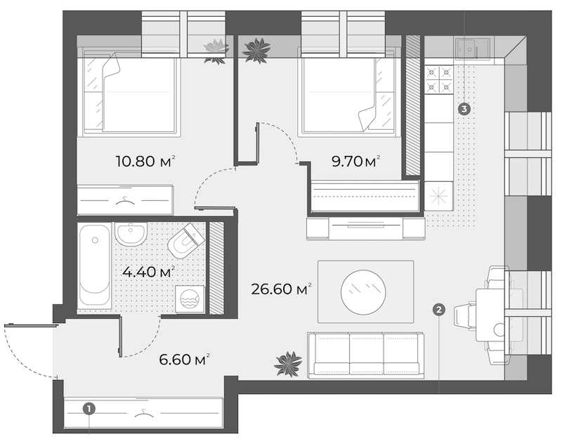 2-комнатная квартира 58.1 м², 6/6 эт., Клубный дом «Aura»