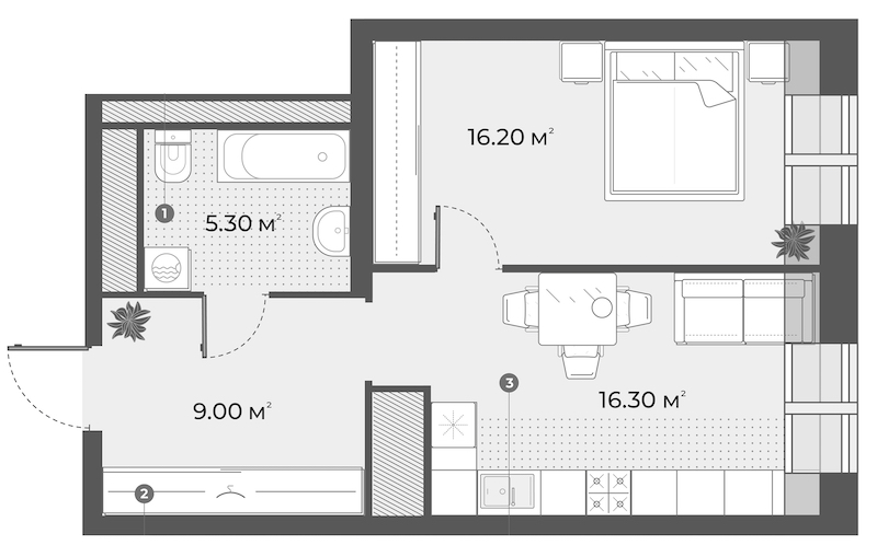 1-комнатная квартира 46.8 м², 6/6 эт., Клубный дом «Aura»
