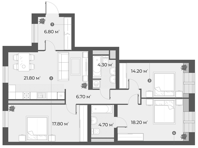 3-комнатная квартира 94.5 м², 6/6 эт., Клубный дом «Aura»