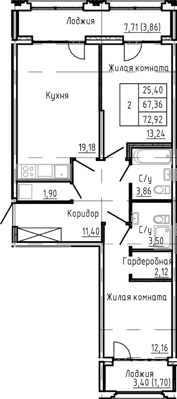 2-комнатная квартира 72.92 м², 3/24 эт., ЖК «Shepilevskiy»