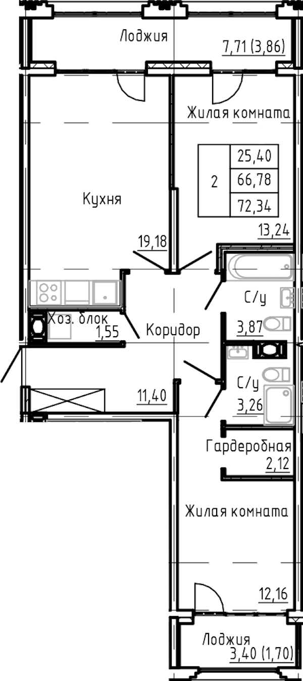 2-комнатная квартира 72.34 м², 7/24 эт., ЖК «Shepilevskiy»