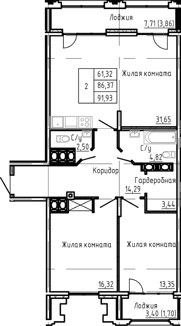 2-комнатная квартира 91.39 м², 20/24 эт., ЖК «Shepilevskiy»