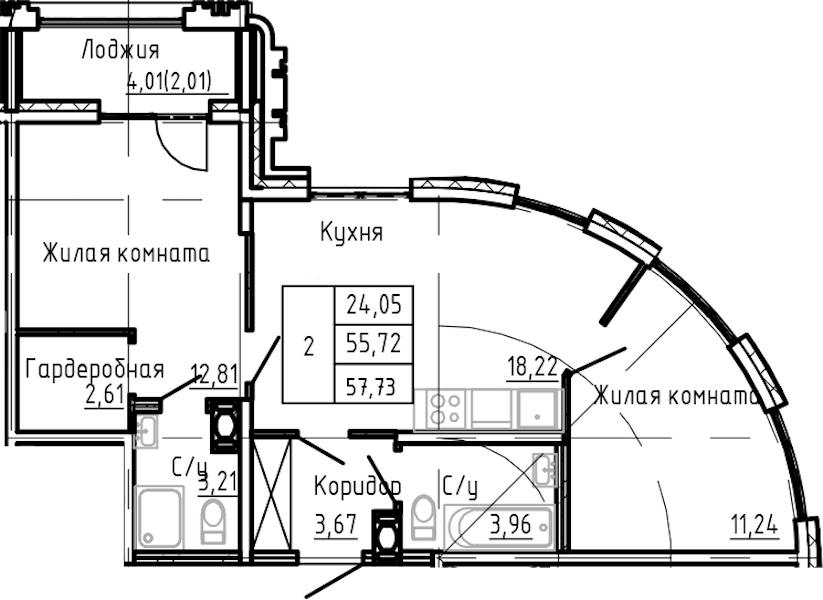 2-комнатная квартира 57.73 м², 7/24 эт., ЖК «Shepilevskiy»
