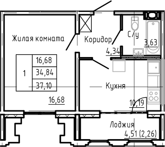 1-комнатная квартира 37.1 м², 7/24 эт., ЖК «Shepilevskiy»