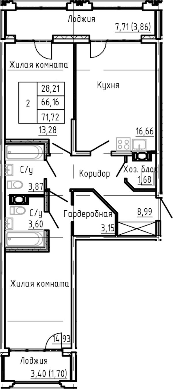2-комнатная квартира 71.72 м², 7/24 эт., ЖК «Shepilevskiy»