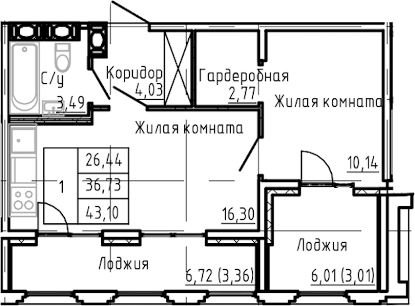 1-комнатная квартира 43.1 м², 17/24 эт., ЖК «Shepilevskiy»