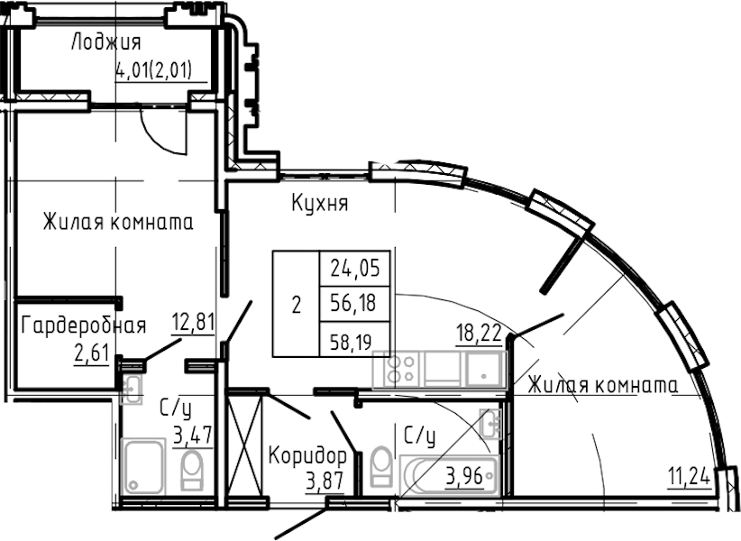 2-комнатная квартира 58.19 м², 3/24 эт., ЖК «Shepilevskiy»