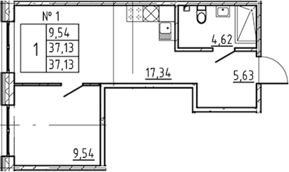 1-комнатная квартира 37.13 м², 2/8 эт., ЖК «17-33»