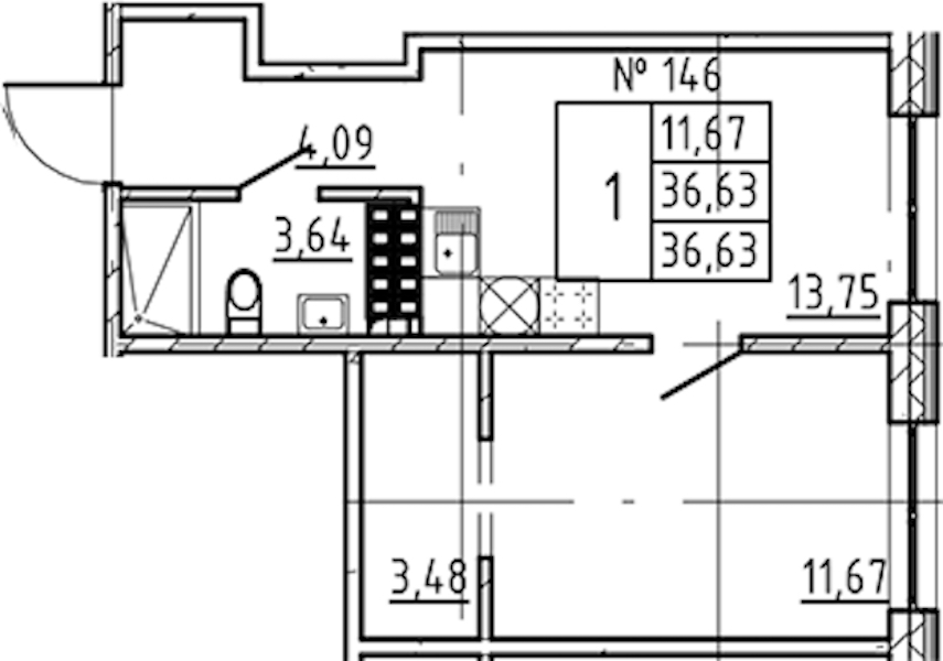 1-комнатная квартира 36.63 м², 7/8 эт., ЖК «17-33»