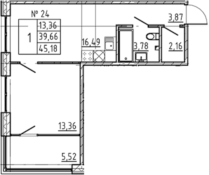 1-комнатная квартира 45.18 м², 2/8 эт., ЖК «17-33»