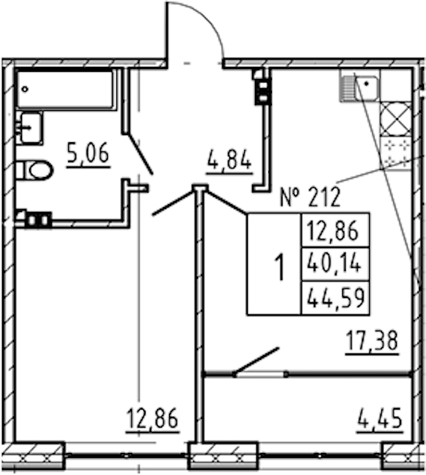 1-комнатная квартира 44.59 м², 4/8 эт., ЖК «17-33»